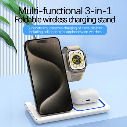 15W 3 In 1 LED Fast Wireless Charger Stand Foldable Charging Station For Smart Phone 15 14 13 12 11 IWatch 9 8 7 6 5 Airpods Pro